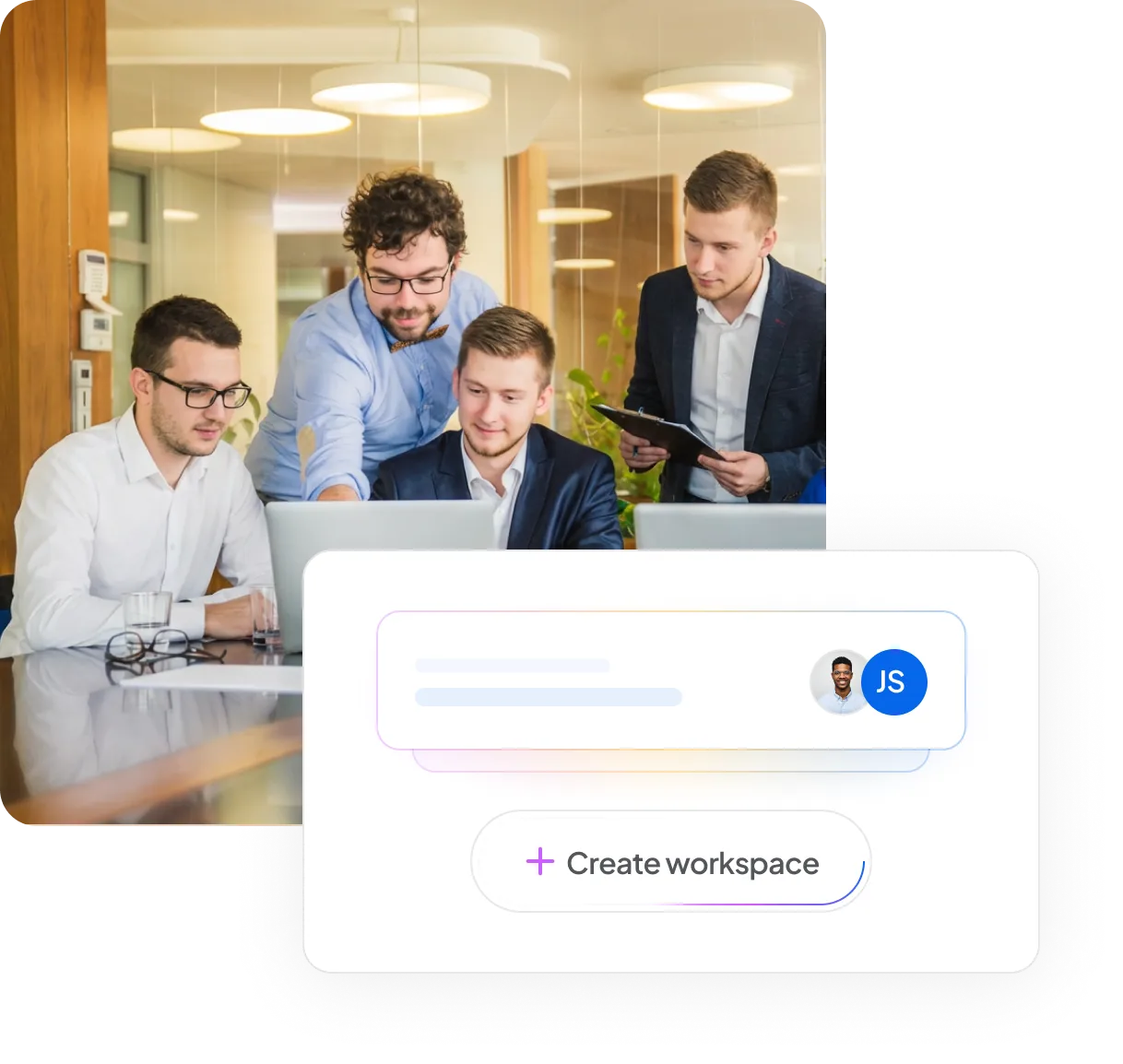 Four young men in a modern office collaborating around a laptop, with a digital overlay showing a workspace creation interface.